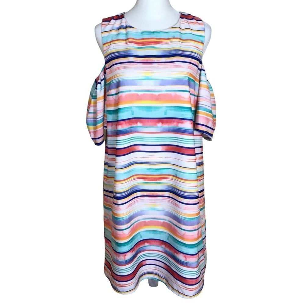 Do+Be Dress Womens Small Watercolor Striped Cold Shoulder Lined